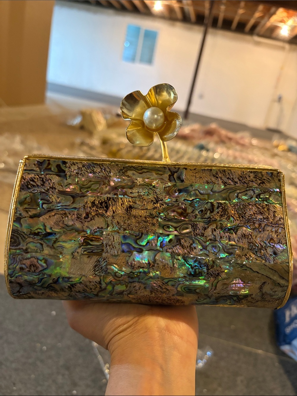 Gold-Trim Abalone Shell Evening Clutch with Floral Pearl Accent - Picture 11 of 11